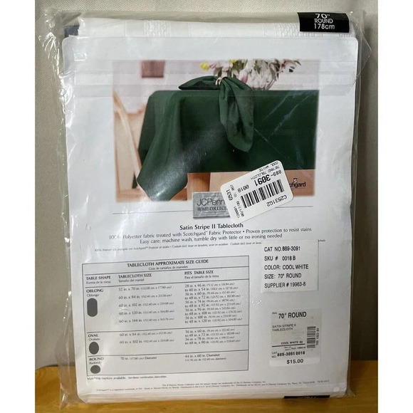 JCPenney Home Collection White Satin Stripe Round Tablecloth 70” Scotchgard NEW - Picture 2 of 2